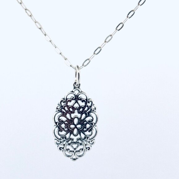 Estate Sterling Silver Filigree Pendant Necklace, 24” Oval Link Chain, Italy, 4. - Picture 1 of 13
